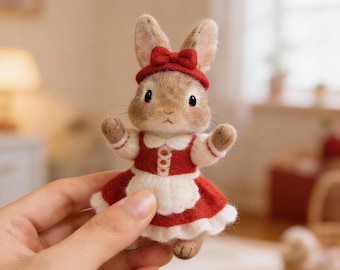 May include: A handmade felt bunny figurine wearing a red dress, apron, and hat with a bow. The bunny has brown fur, black eyes, and is holding its arms up. The figurine is approximately 4 inches tall.