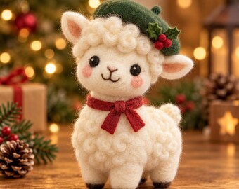 May include: A needle-felted cream-colored lamb figurine with curly wool texture. The lamb wears a dark green beret adorned with red holly berries and green leaves, and a red ribbon tied in a bow around its neck. It has pink cheeks.
