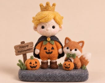 May include: A needle-felted figurine set featuring a child wearing a yellow crown and a pumpkin-themed outfit with a dark cape, standing next to a fox with a green bow tie. A sign reads Happy Halloween, accompanied by two small felt pumpkins.