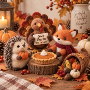 May include: A needle-felted turkey holding a sign that reads Give Thanks, a hedgehog holding a small pumpkin, and a fox wearing a scarf. A felted pumpkin pie sits on a wood slice, next to a cornucopia filled with felted vegetables and berries.