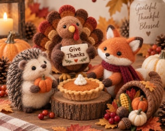 Decoraciones de fieltro de aguja para el Día de Acción de Gracias, animales del bosque otoñales hechos a mano, lindo pavo, zorro y erizo, decoración de mesa de cosecha de calabazas, regalo de otoño