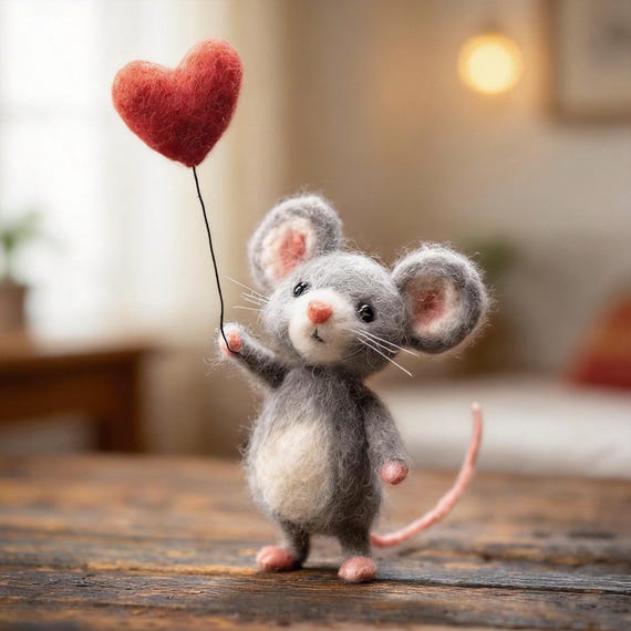 Needle Felted Mouse Figurine,Thank You Mom Gift, Handmade Wool Mouse with Rose & Heart Balloon