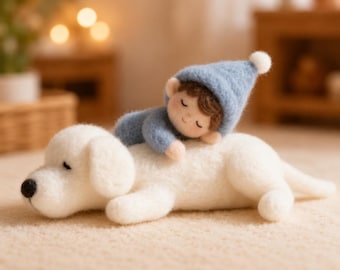 Needle Felt White Dog with Sleeping Child, Handmade Wool Dog Figurine, Nursery Decor, Baby Shower Gift, Cute Dog Lover Gift