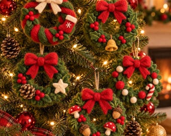 May include: Five felted Christmas wreath ornaments hanging on a tree. Each wreath features a green base with red berries and a prominent bow. Decorations include a white bow, a stocking, a bell, a pinecone, a star, a candy cane, mushrooms, and acorns.