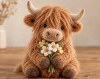 Vache des Highlands en feutre aiguilleté fait main, figurine de vache en feutre de laine, décoration vache des Highlands mignonne, cadeau pour les amoureux des vaches, ornement animal de ferme