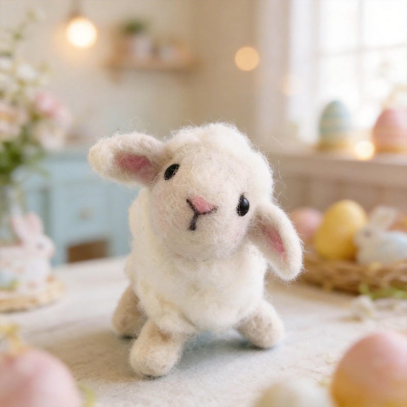 Pode incluir: Um cordeiro artesanal de feltro branco com o interior das orelhas e o nariz rosa. O cordeiro tem olhos pretos e est&aacute; posicionado sobre uma mesa. O fundo inclui ovos de P&aacute;scoa e um coelho, sugerindo um tema primaveril ou de P&aacute;scoa.