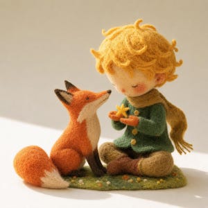 May include: A needle-felted figurine of a young person with curly yellow hair, wearing a green jacket and brown trousers, sitting on a green base. The figure holds a small yellow star and faces a needle-felted orange and white fox sitting nearby.