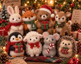 May include: A collection of needle-felted animal figurines including a rabbit, fox, bear in a Santa hat, deer, penguin, sheep, mouse, and hedgehog. Several animals hold small gift boxes, a candy cane, or wear scarves and wreaths.