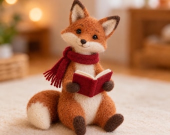 May include: A needle-felted fox figurine with orange and white fur, wearing a dark red scarf and holding a small, open dark red book. The fox has dark brown paws, pointed ears with white inner fur, and a bushy tail with a white tip.