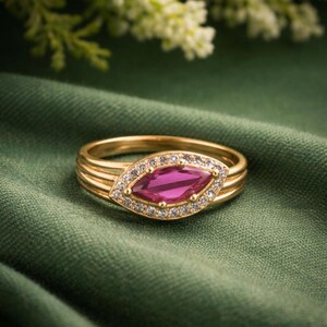 Marquise Pink Ruby Halo Ring, Gold Plated Vintage Style Engagement Ring