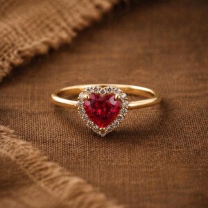 May include: A gold ring featuring a heart-shaped, red gemstone surrounded by a halo of smaller, clear stones. The ring is set against a brown fabric background, highlighting the jewelry's sparkle and design.