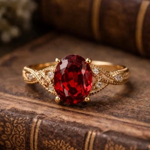 Può includere: Un anello d'oro con una pietra preziosa ovale di colore rosso intenso come elemento centrale. La fascia presenta un intricato design intrecciato con piccole pietre chiare. L'anello è esposto su un libro d'epoca.