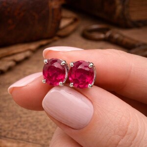 Oval Lab Created Ruby Red Stud Earrings, Minimalist Silver Bridal Jewelry