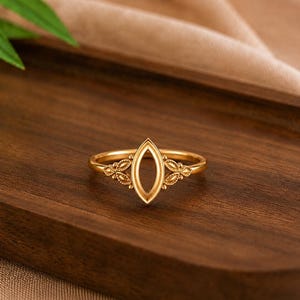 Solid Gold Marquise Ring Setting, Minimalist Engagement Bridal Semi Mount