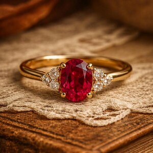 Op de afbeelding: Een gouden ring met een centrale ovaal geslepen rode robijn, geflankeerd door drie kleine rond geslepen witte diamanten aan elke kant. De ringband is van gepolijst geelgoud en de stenen zijn in een klassieke zetting geplaatst.