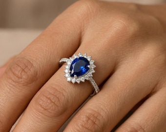 Pear Cut Blue Sapphire Halo Ring, Sterling Silver Promise Ring