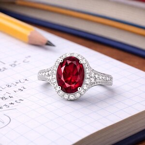 Könnte beinhalten: Ein silberner Ring mit einem großen, oval geschliffenen, tiefroten Edelstein in der Mitte, der von einem Kranz aus kleinen, klaren, rund geschliffenen Steinen umgeben ist. Die Ringschiene ist seitlich ebenfalls mit kleinen Steinen besetzt.