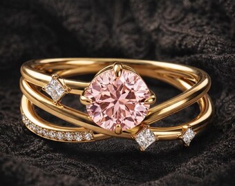 Art Deco Pink Morganite Engagement Ring, Gold Plated Sunburst Halo Diamond Ring