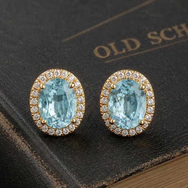 Lab Aquamarine Oval Halo Stud Earrings, Gold Plated, March Birthstone Bridal Jewelry