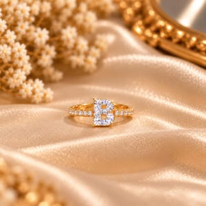 Natural Moissanite B Initial Ring, Gold Letter Ring, Personalized Alphabet Jewelry