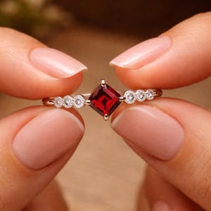 Gold Plated Square Ruby Ring, Dainty Diamond Accent, Minimalist Promise Ring