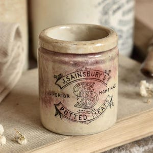 Antique J. Sainsbury's Advertising Jar | Stoneware Potted Meats | Farmhouse Decor