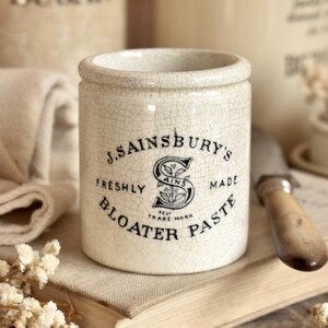 Seltenes antikes 113-ml-Glas für Sainsbury’s Bloater Paste | Viktorianisches Steingut-Werbegefäß | Englische Küchenutensilien