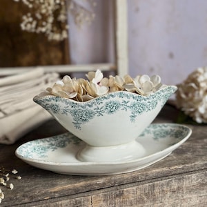 Antique French Ironstone Saucier | Teal Floral Gravy Boat on Stand | Vintage French Farmhouse Serveware | Rustic Cottage Decor