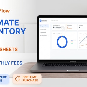 May include: A laptop displays inventory management software interface. The screen shows data visualizations, including charts and graphs. Text on the screen includes "ULTIMATE INVENTORY ERP" and "GOOGLE SHEETS BASED". The laptop is on a light-colored surface.