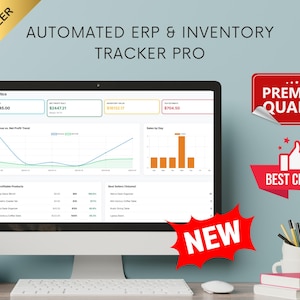 Op de afbeelding: Een computerscherm met een geautomatiseerde ERP- en inventarisatietracker. Het scherm toont financiële gegevens, grafieken en productinformatie. De afbeelding bevat de labels "Best Seller", "Premium Quality", "Best Choice" en "Nieuw".
