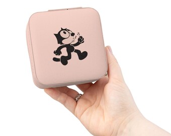 Estuche de viaje para joyas con diseño de gato vintage y organizador compacto para anillos y pendientes.