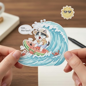 May include: A whimsical sticker featuring a cat riding a watermelon surfboard on a blue wave. The cat wears a straw hat and Hawaiian shirt, with the text "Pffft... Boo-hoo!!!" in a speech bubble. A yellow sun with sunglasses is also included.