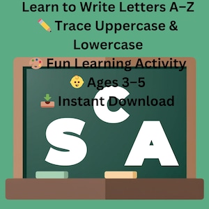 Puede incluir: Una portada de cuaderno de trabajo educativo verde con el texto "Alphabet Tracing Workbook" y "Learn to Write Letters A-Z". La portada también incluye el texto "Trace Uppercase & Lowercase", "Fun Learning Activity", "Ages 3-5" y "Instant Download". Se muestran las letras "S", "C" y "A".
