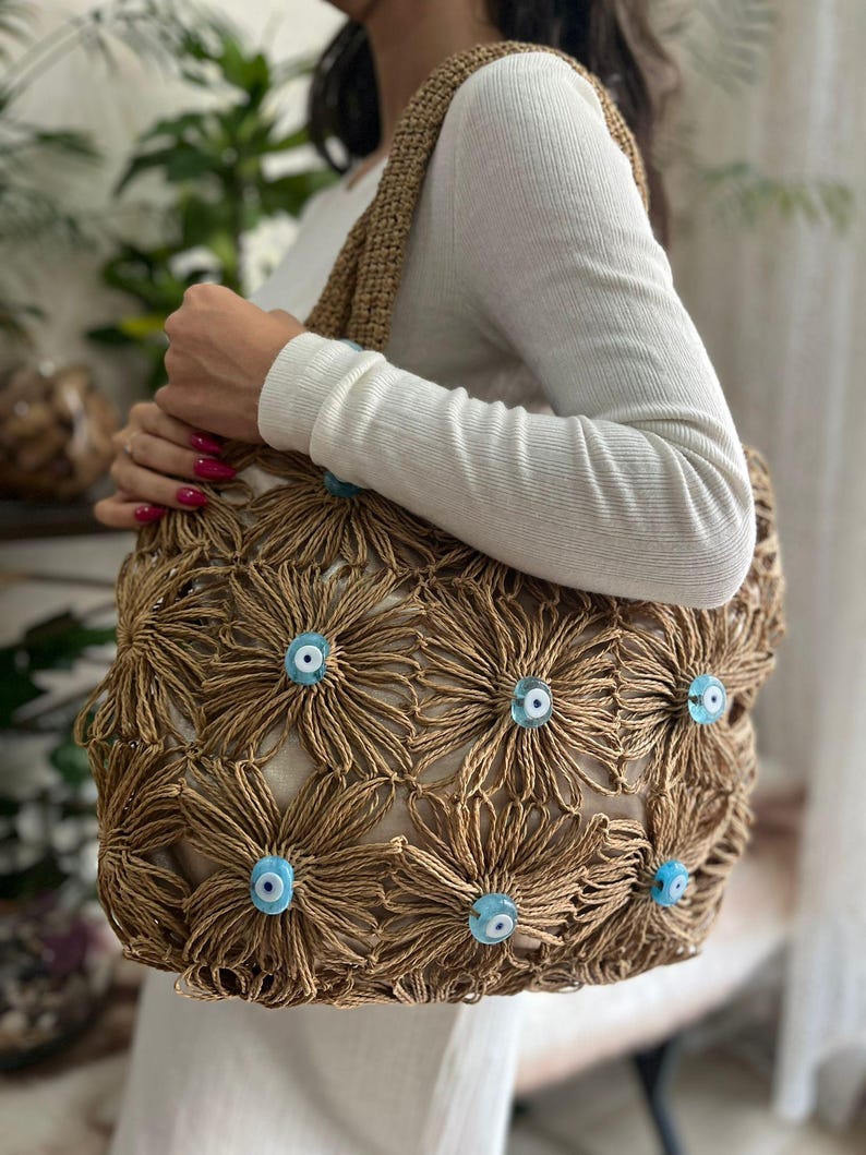 May include: A beige tote bag with a floral design made of woven material. The flowers have light blue eye-shaped embellishments in the center. The bag has a woven handle and is held by a person.