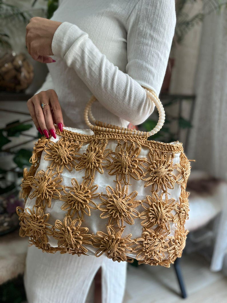 Crochet Raffia Bag: Handmade Bag Women image 1