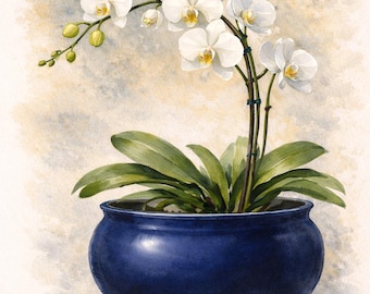 Póster con lámina artística de orquídea blanca en cuenco azul