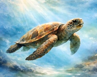 Póster artístico de tortuga boba nadando