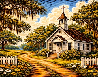 Póster con impresión artística de una iglesia en un paisaje del sur