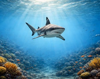 Póster con impresión artística de tiburón en un paisaje marino