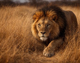 Póster artístico de un león merodeando en una pradera