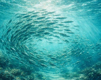 Póster abstracto con impresión artística de un banco de peces arremolinados