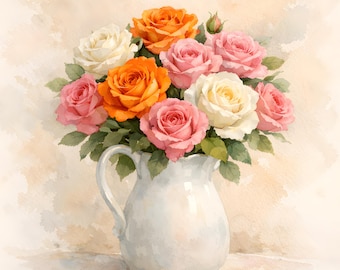 Orange and pink roses in a white jug art print poster