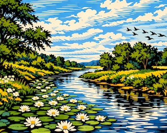 Póster con impresión artística de paisaje fluvial con nenúfares