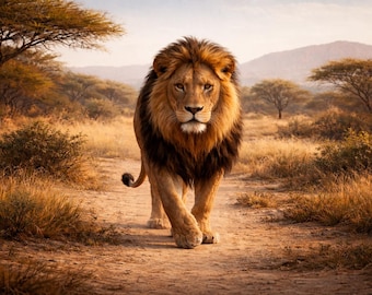 Póster artístico de un león caminando entre matorrales