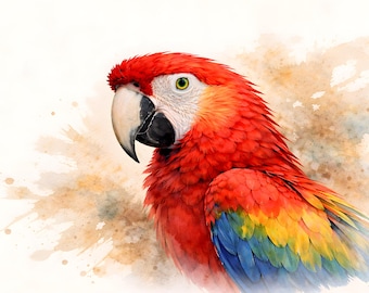 Póster con impresión artística de guacamayo escarlata sobre fondo beige