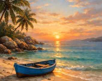 Póster con impresión artística de un barco azul en una playa al atardecer