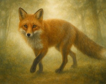 Red fox in woodland art print poster