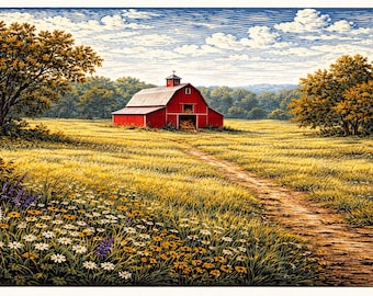 Póster artístico con un granero rojo en un paisaje rural.