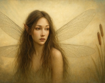 Póster con impresión artística de una libélula en la niebla