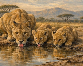 Póster artístico de una leona y sus cachorros en un abrevadero.